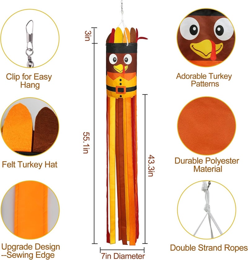 Partyprops 2Pcs 55 Inch Fall Thanksgiving Turkey Windsocks Decoration - Fall Thanksgiving Decorations - Thanksgiving Party Home Farmhouse Yard Wind Sock Outdoor Hanging Decor - Image 3